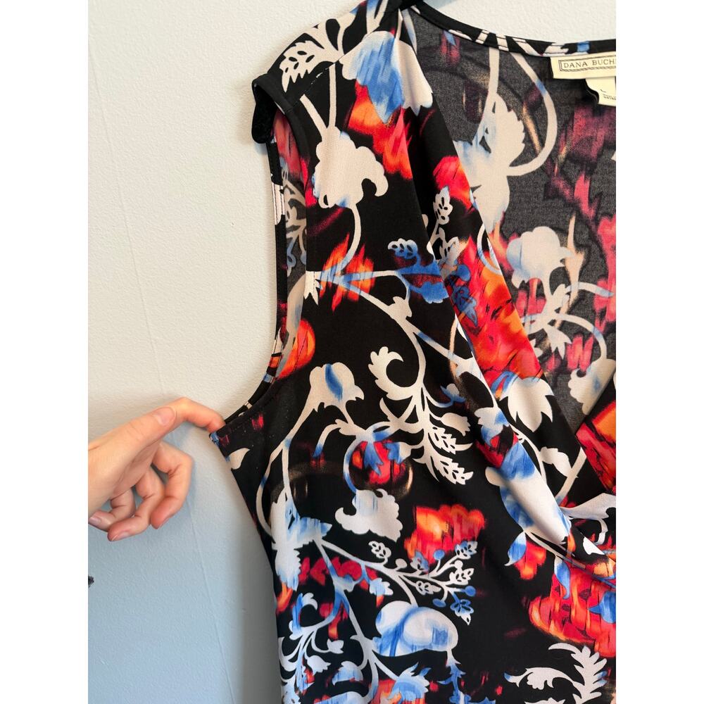 Dana Buchman Floral Printed Faux Wrap Dress size Large Black Pink White and Blue - Picture 6 of 9